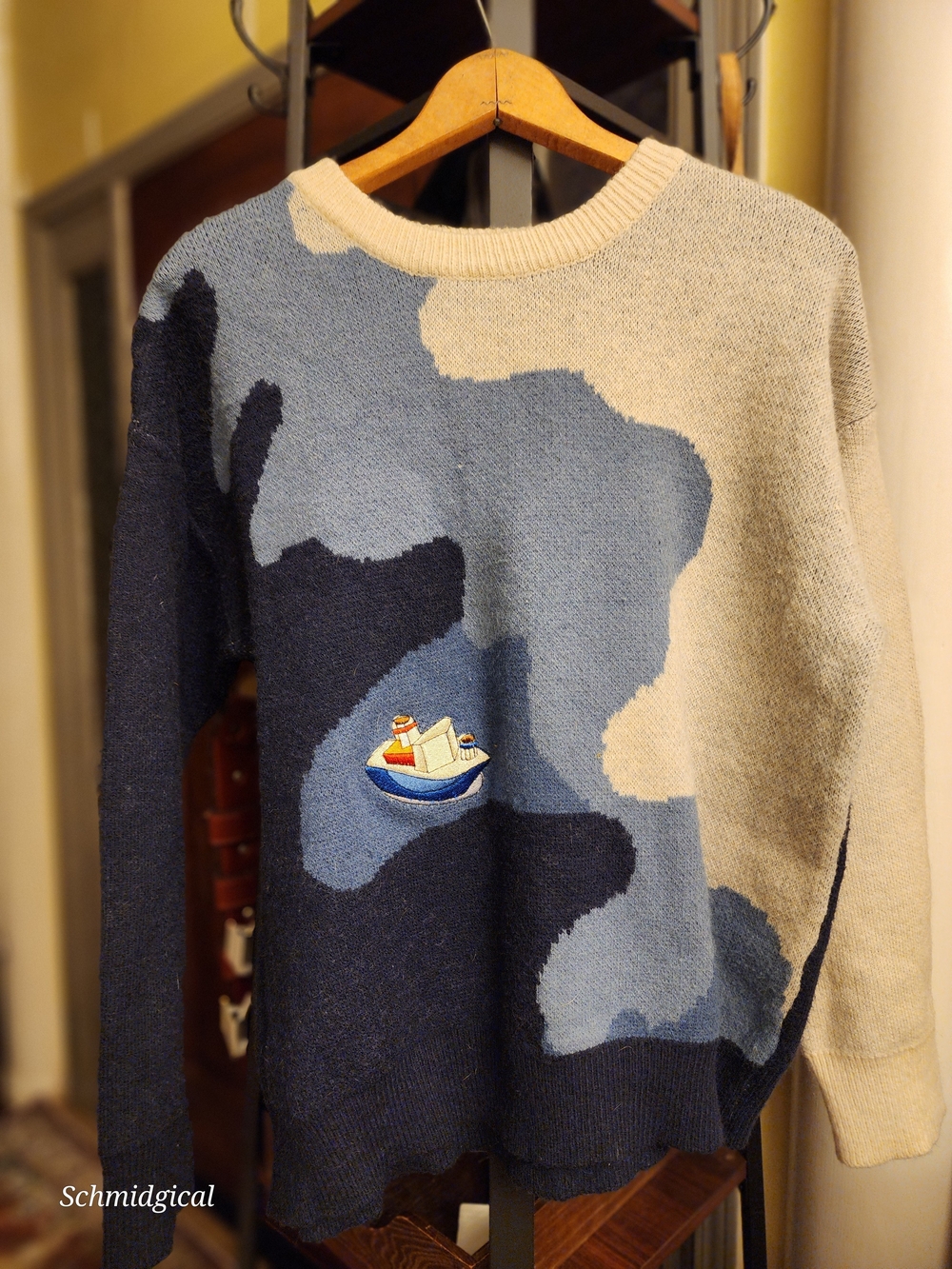 YWFG Nautical Tugboat Abstract Colorblock Knit Pullover Sweater Size L Unisex Co